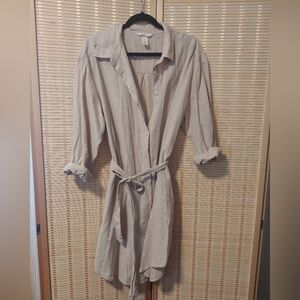 H&M Beige Linen Button-Up Shirt Dress with Fabric Belt Medium